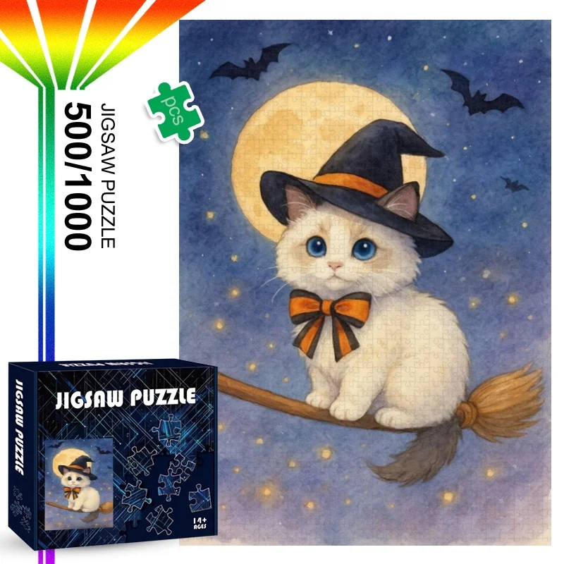 500/1000pcs Cat Riding Broomstick Fantasy Scene Puzzle | Challenging Large Puzzle for Adults and Families, High-Quality Cardbo