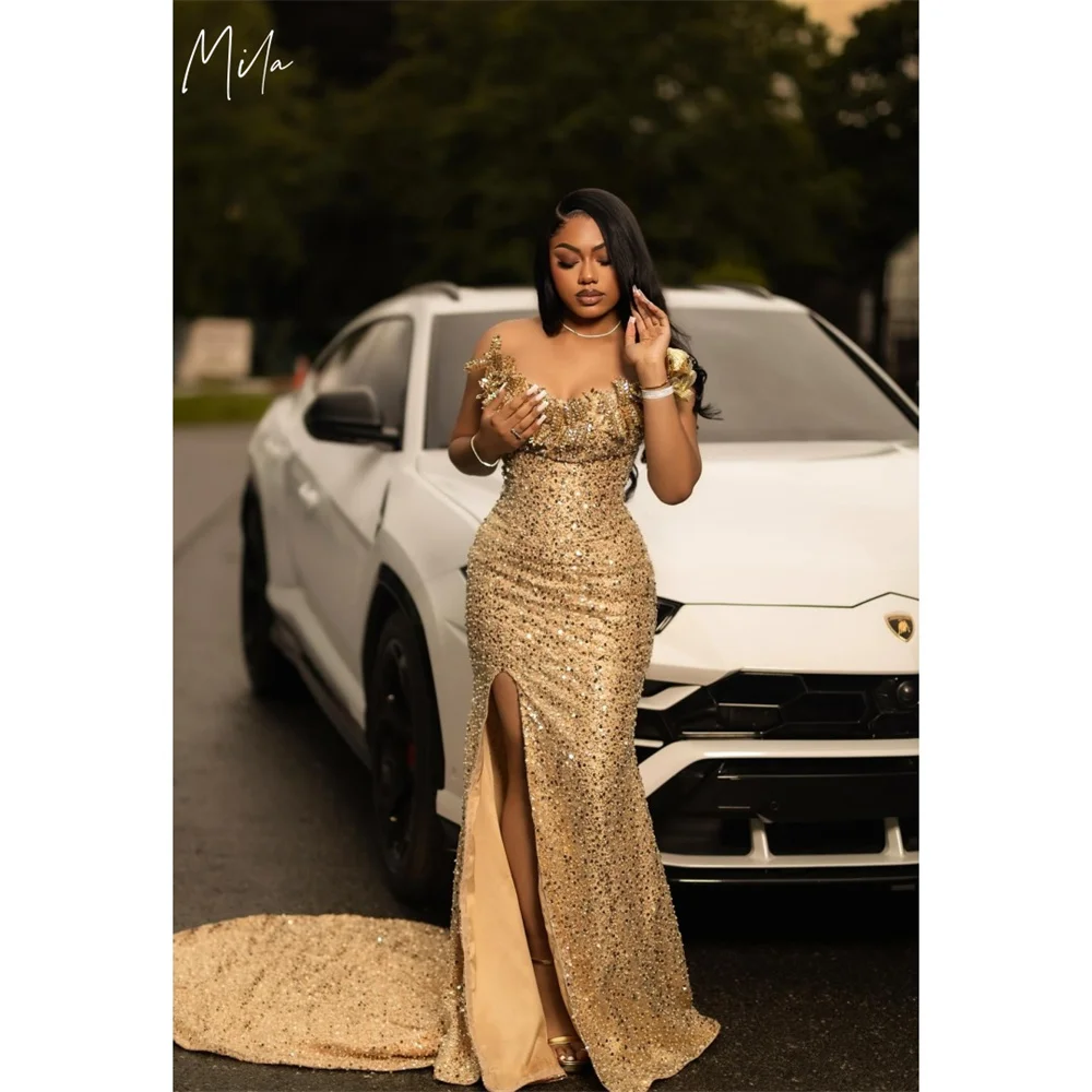 

Mila Golden Mermaid Wedding Party Dress Customized Strapless Side High Split Evening Dresses Beaded Elegant vestidos de fiesta