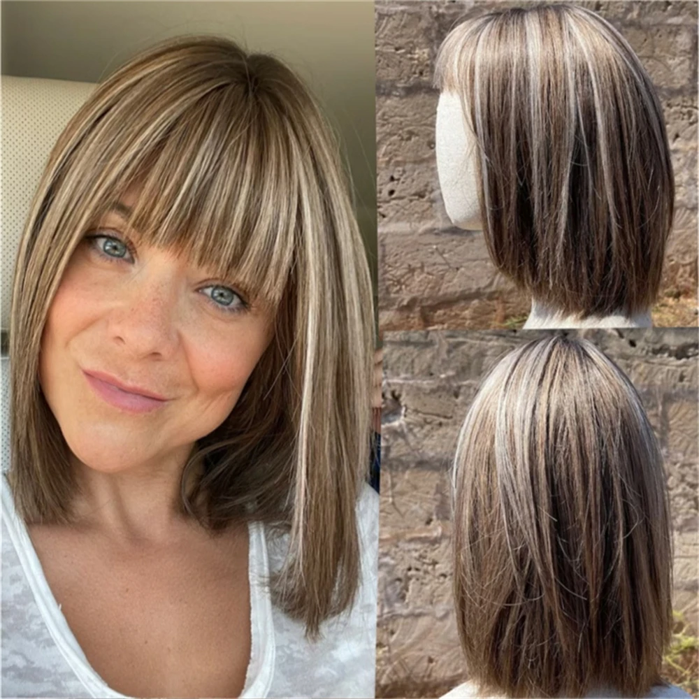 

12 Inch Short Straight Bob With Bangs Ombre Blonde Brown Synthetic Lace Front Wig Realistic Hairline For Women Alopecia Hairlos