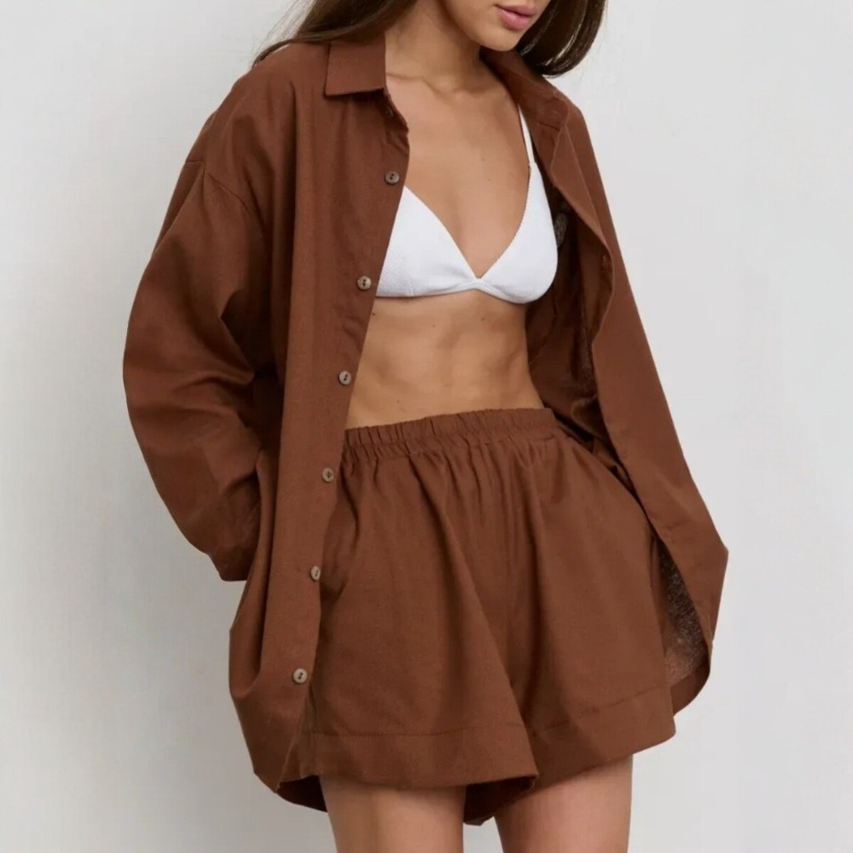  2026 Women's Summer New Solid Color Shirt and Shorts Set Fashionable and Casual Loose Two Piece Sets 