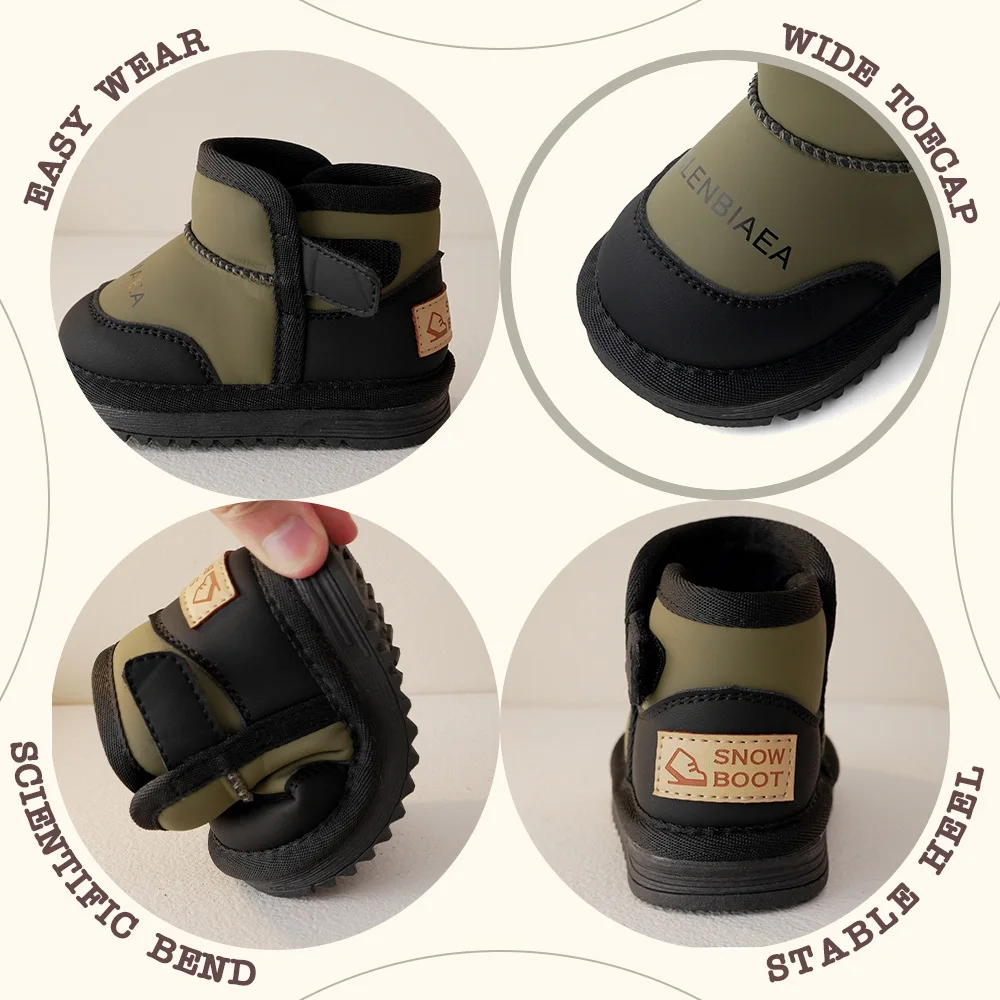 Children Snow Boots Baby Mid-top Warm Plush Snow Boots Girls Color block Soft Sole Non-slip Infant Shoes Size 18-30