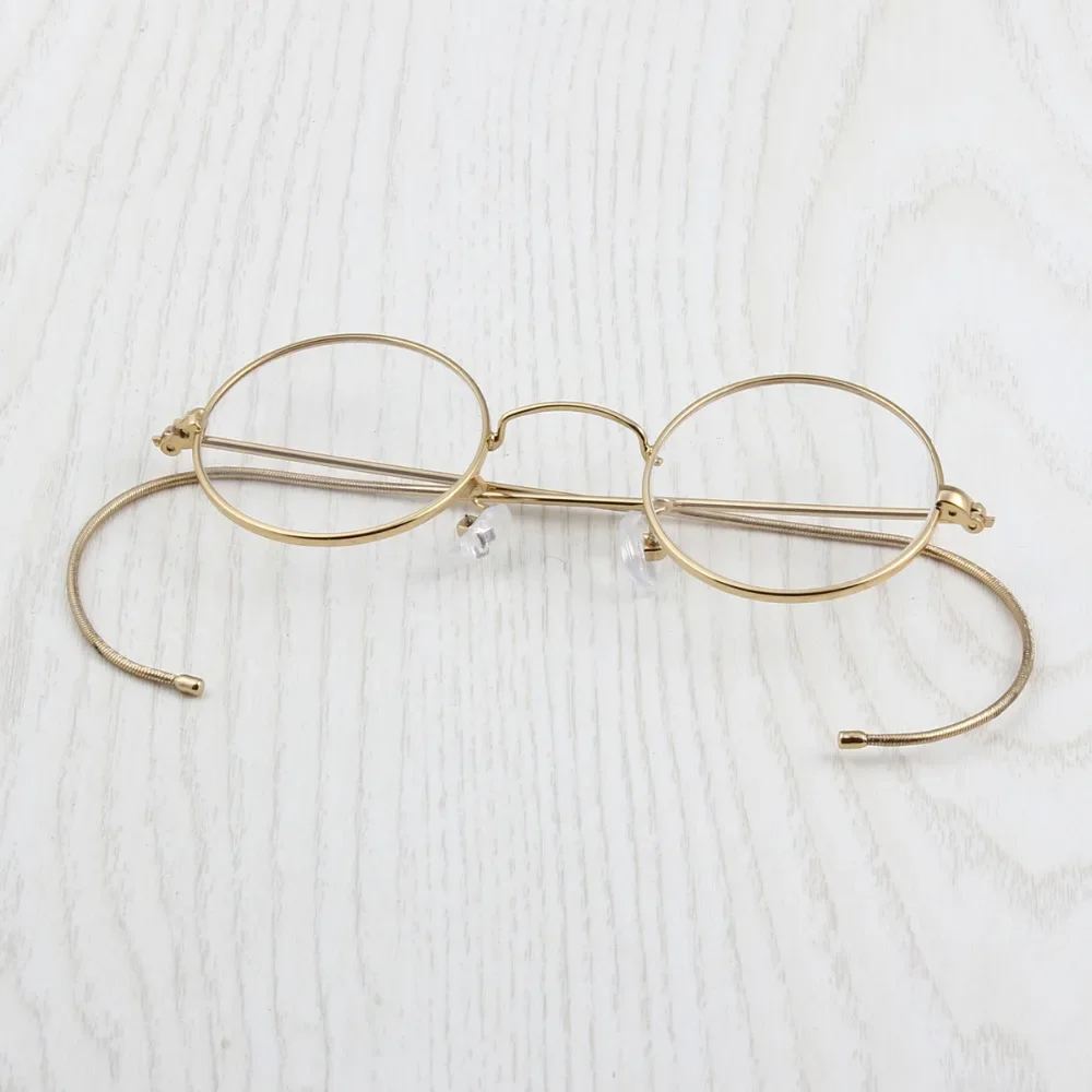 Vintage Men Golden Circular Eyeglasses Metallic Fiber Frames Spring Temples Ultra Lightweight Prescription Eyewear