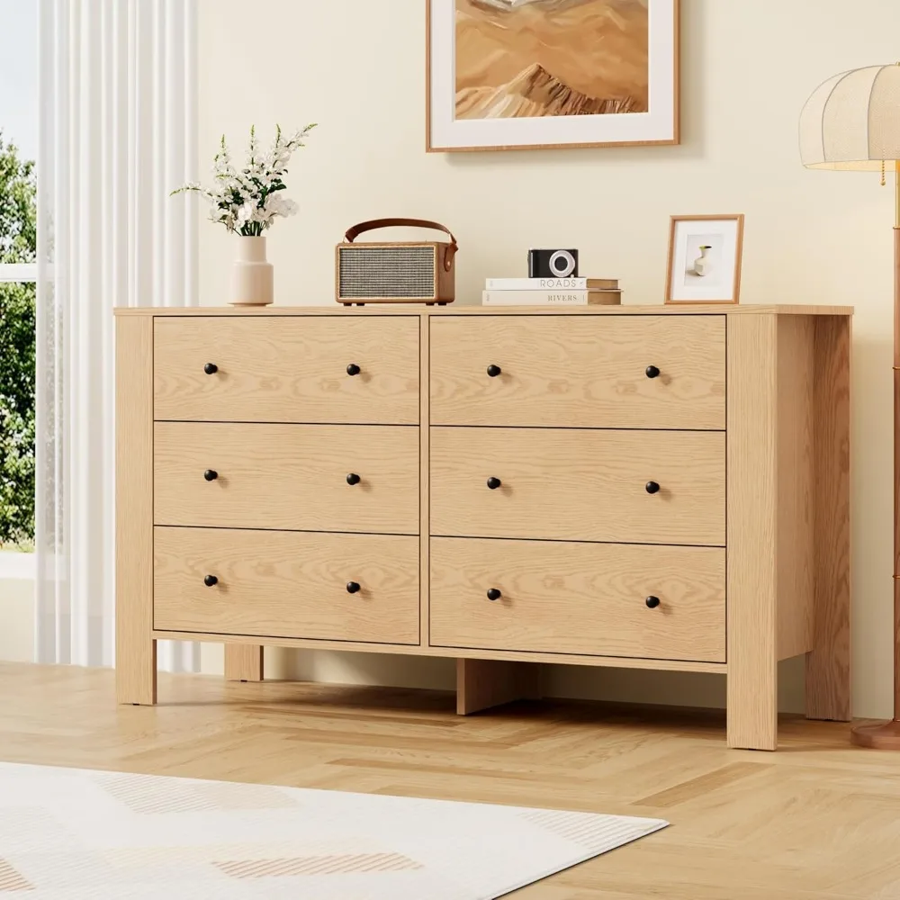 Natural OAK 6 Drawer Dresser for Bedroom, Modern Wide Dresser Organizer with