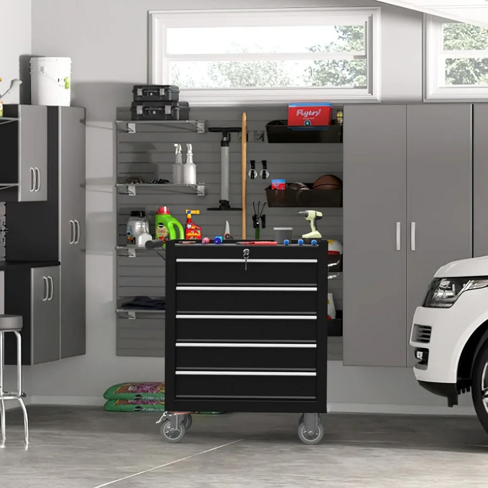 Caja de herramientas portátil con ruedas de 5 cajones, sistema de bloqueo con llave y revestimientos de cajones para almacenamiento y organización de herramientas definitivas