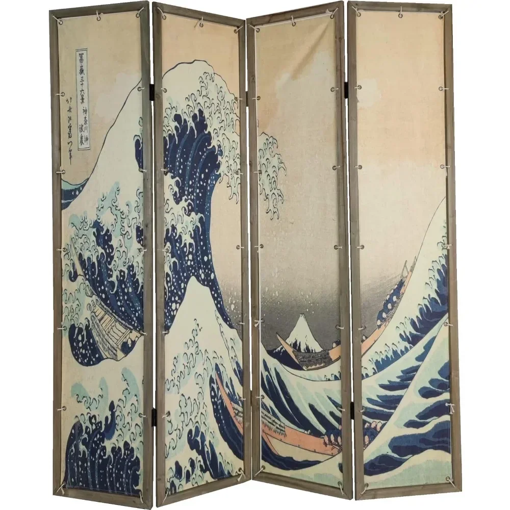 Room Partition 4 Folding Screen Separator Panel Folding Room Partition Single Sided Ukiyo-e Painting Wooden Screen Divider Home