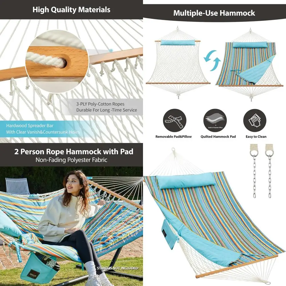 

Большой двойной гамак в синюю полоску с деревянными стержнями, полиэстеровой подушкой и подушкой, вместимость 475 фунтов для наружного использования