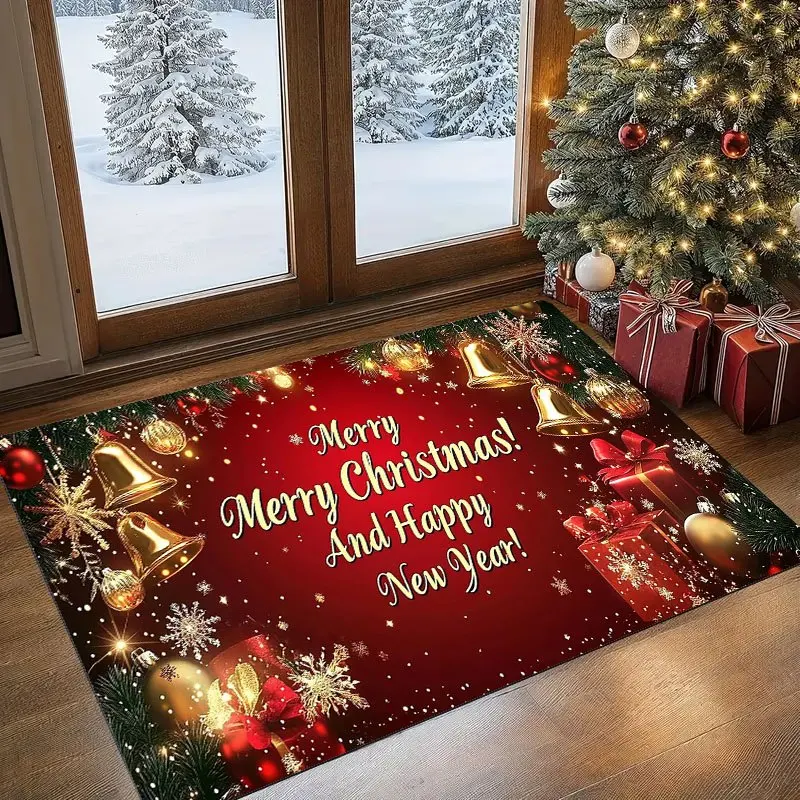 Christmas New Year Doormat Christmas Tree Reindeer Bell Champagne Bauble Snowflake Gift Floor Mat Front Door Home Party Decor