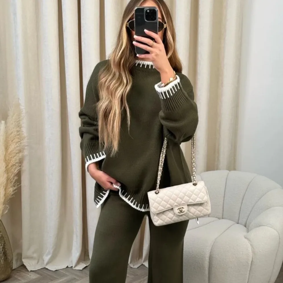 2024 autumn winter Women\'s Set suit New black long sleeve striped Knit Sweater swearshirt + Elastic waist Slim Wide leg pant XXL