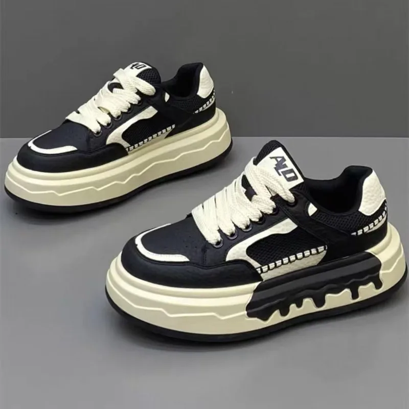 2026 Men Color Block Skate Sneakers Lace Up Thick Sole Breathable Wear-resistant Running Shoes Fashion Men's Casual Sports Shoes