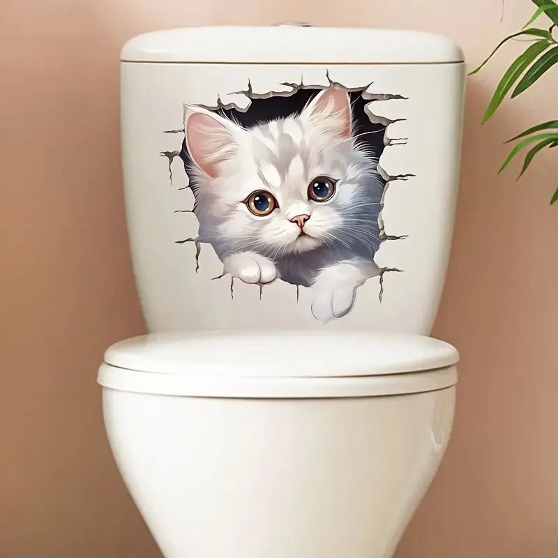 Adorable 3D White Cat Peeking  Self-Adhesive Toilet Stickers,Wall Decal Removable, Reusable Vinyl Car Sticker for Toilet Lid,
