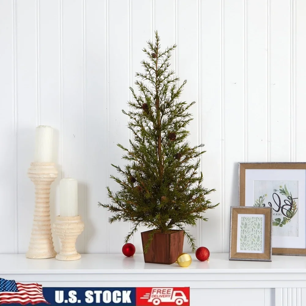 

3ft Artificial Christmas Tree in Wood Planter with Pine Cones Perfect Indoor Seasonal Decoration Compact Space