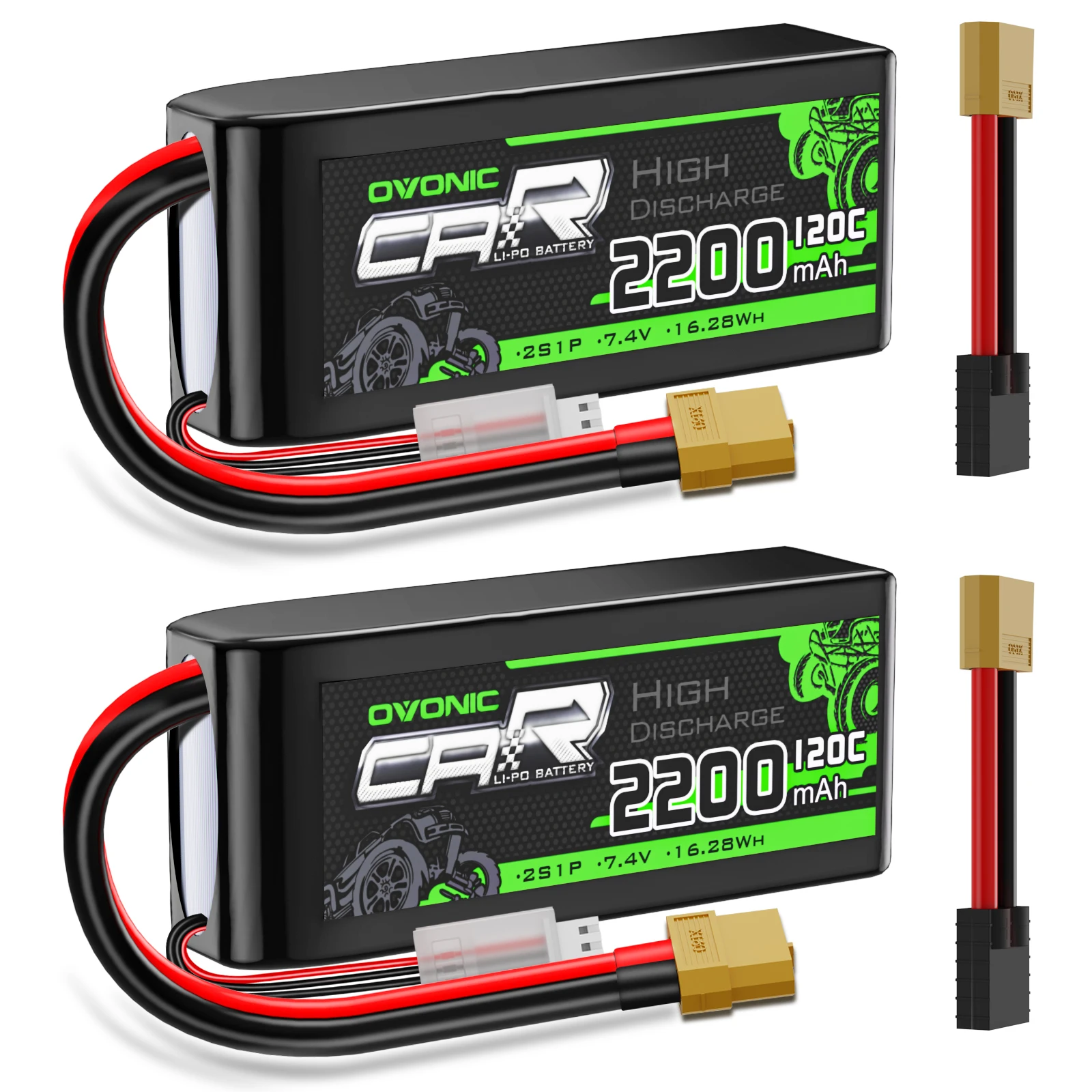 Ovonic 2S Lipo Batteria 2200mAh 120C 7.4V RC CAR Lipo Batteria con XT60 a TRA per 1/16 Slash E-Revo RC Car RC Truck (2 confezioni)