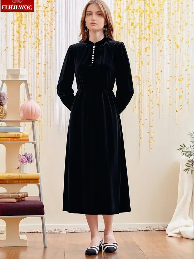 فساتين قميص أسود مخملي تصميم فرنسي ساخن امرأة السنة الجديدة بلينغ زر الوقوف طوق ريترو خمر فستان طويل فساتين المؤنث #1
