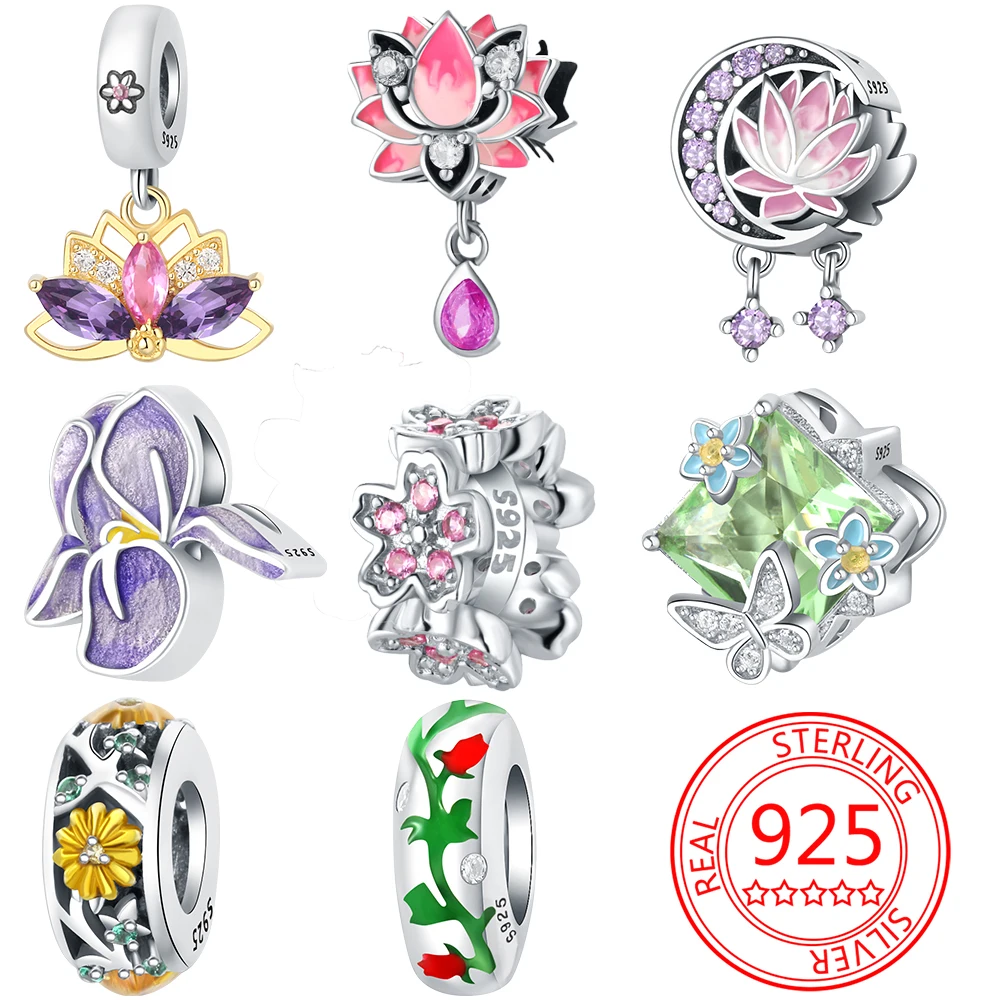 925 Sterling Silver Lotus and Butterfly Charme para Mulheres, Pingente Beads, Fits Original Pulseira Pandora, Fazer Jóias