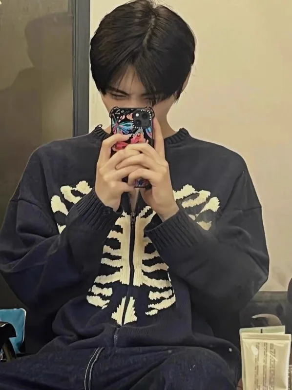 

Корейский вязаный свитер на молнии с принтом скелета в стиле ретро, женские модные осенне-зимние теплые пуловеры