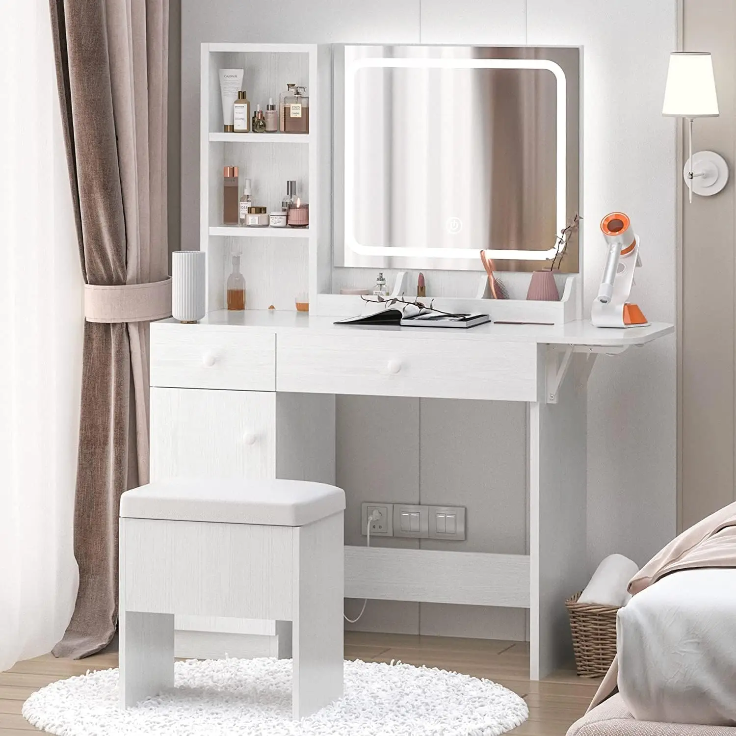 IRONCK Vanity Desk with LED Lighted Mirror & Power Outlet, Makeup Table with Drawers & Cabinet, Storage Stool,for Bedroom, White