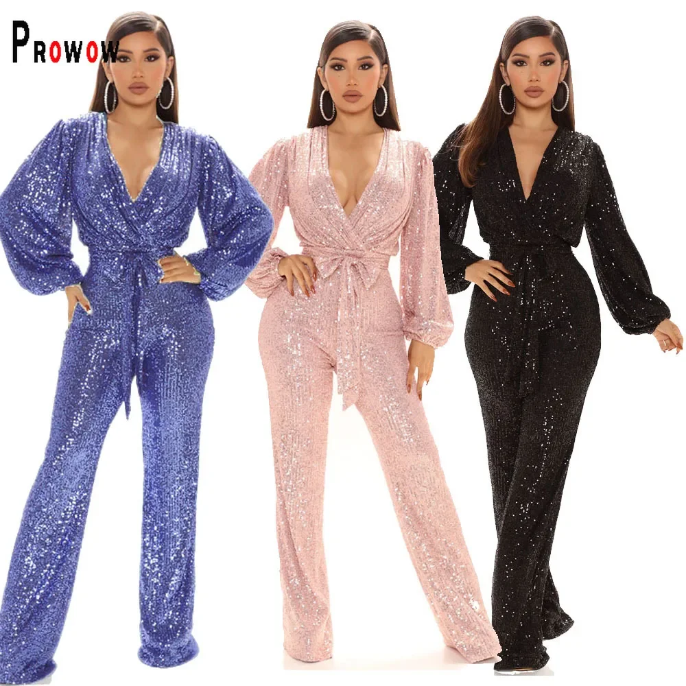 Prowow Fashion Sequined Women Jumpsuits with Belt Sexy V-neck Female Birthday Party Wear High Quality One-piece Romper Clothing