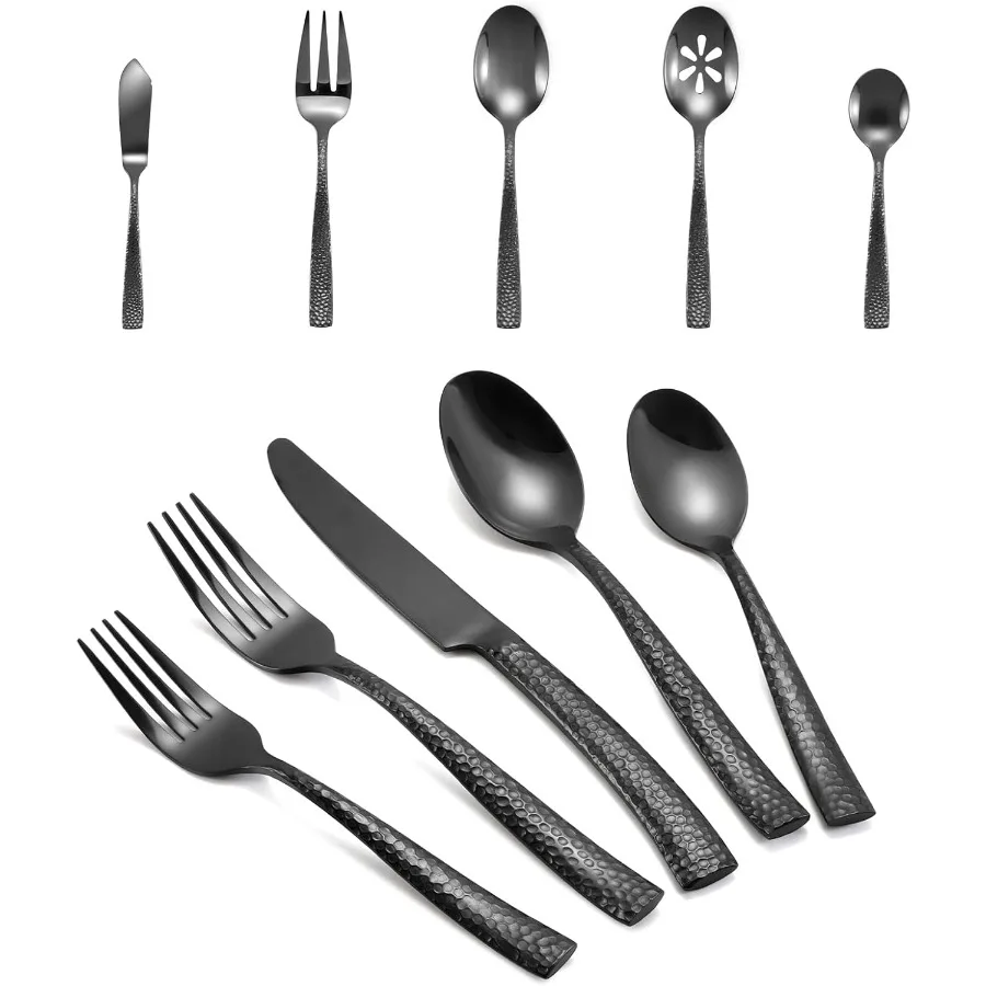

Серебряная посуда, 65 предметов, черный кованый набор столовых приборов с сервировочной посудой, набор столовых приборов из нержавеющей стали с толстой ручкой и зеркальной полировкой f