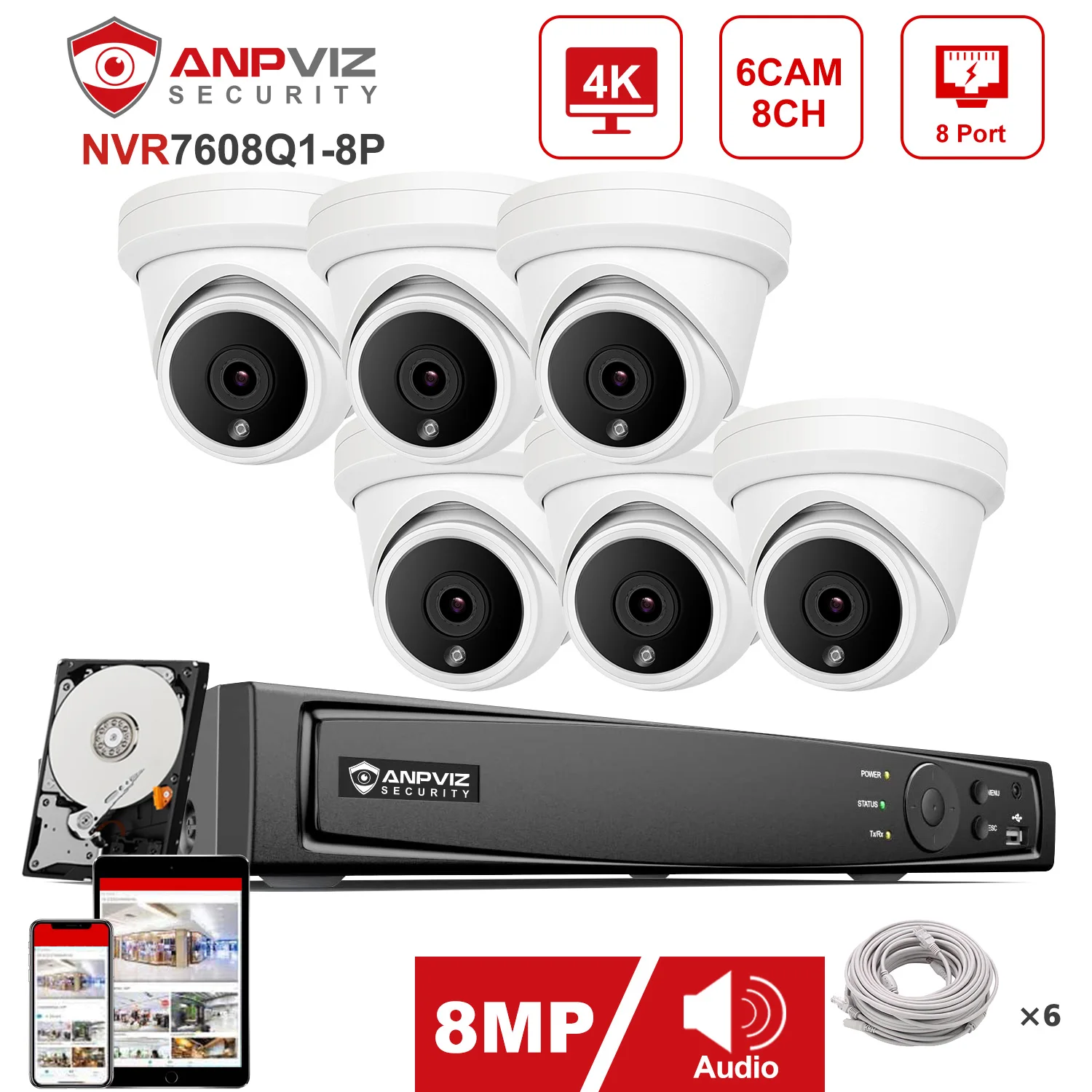 

Anpviz H.265+ OEM 8CH 4K NVR 8MP POE Turret IP Camera CCTV Video System Outdoor IP Security Kit IP66 30m IR P2P View H.265