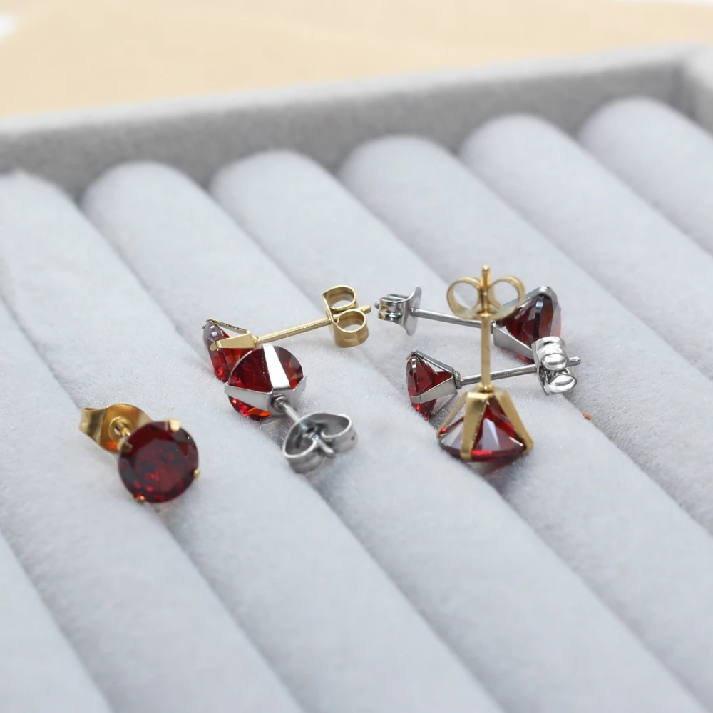 6 7 8mm Round Promegranate Red AAA Zircons Stainless Stell Stud Earrings Golden IP Plating No Fade Allergy Free