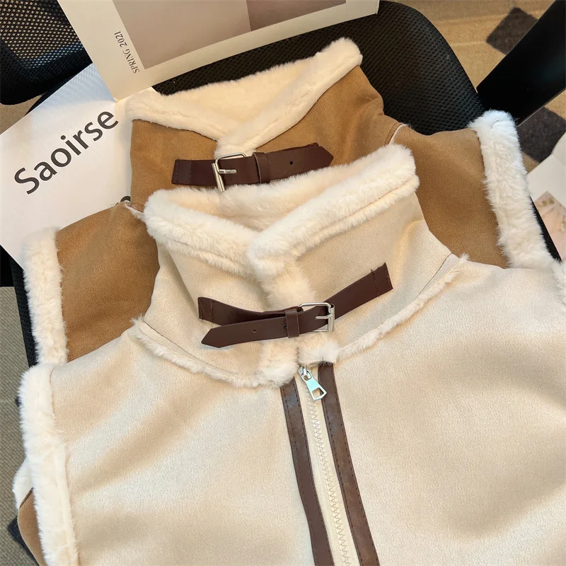 Women's Wool Edge Striped Cotton Jacket Collar Sleeveless Streetwear Academy Retro Aesthetics Winter Coat Jacket 2024 Clothing