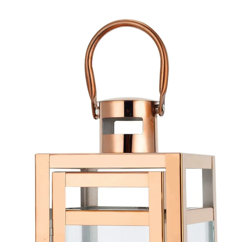 A67M-Glass-Lined Rose Gold Stainless Steel Lantern-Vintage Candle Holder For Indoor And Outdoor For Home Decor