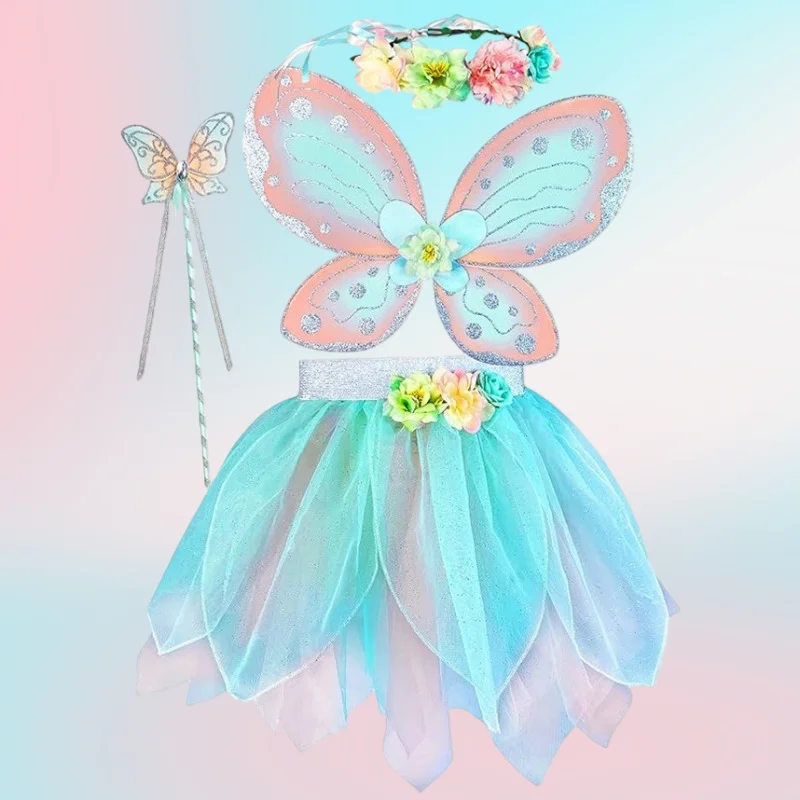 Disfraz de Hada Mariposa con Alas de Ángel, Tutú, Disfraz de Princesa con Tocado, Varita Mágica, Conjunto Completo para Juego de Rol para Niñas