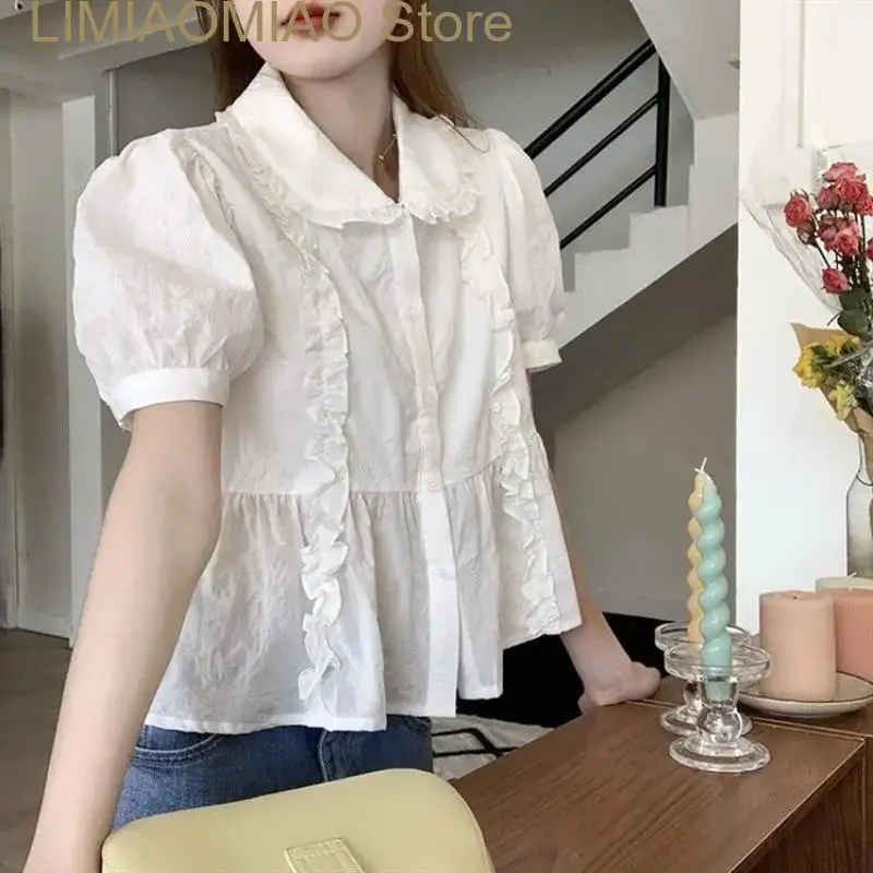 

New Collar White Chemise Femme Women Sweet Camisa Loose Summer Puff Sleeve Lolita Shirts Short Tops Japan Style