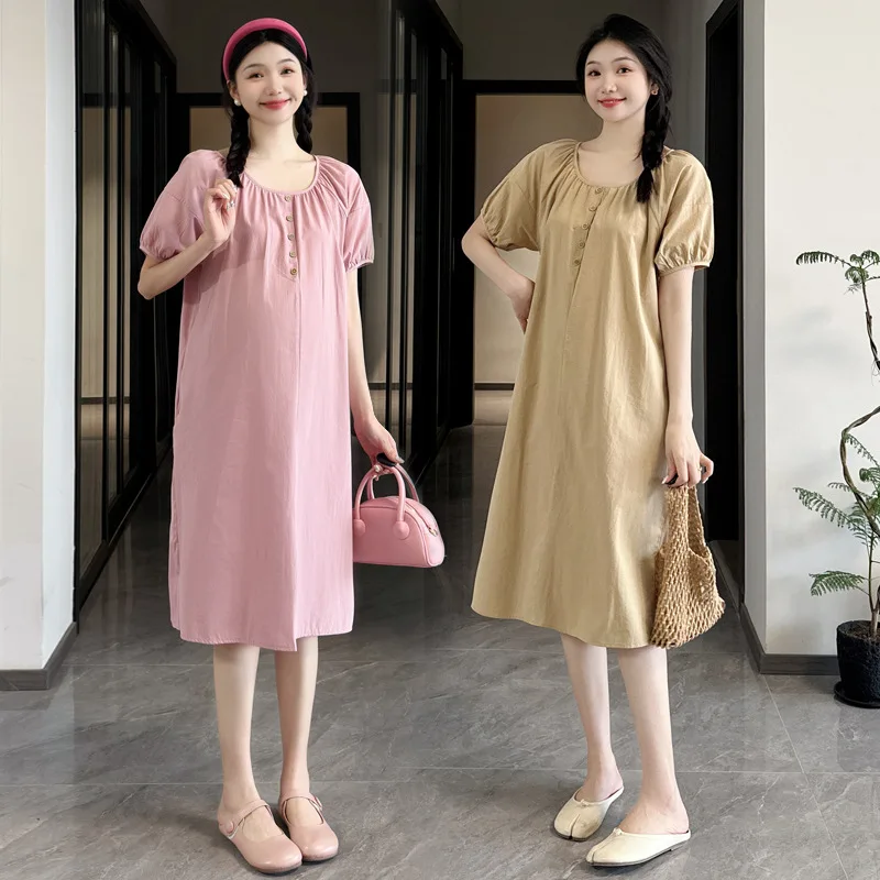 Summer Cotton Maternity Wear Korean Version Loose  Dress Fashion Puff Sleeve Solid Color Dress Pregnant Women Clothes Wholesale