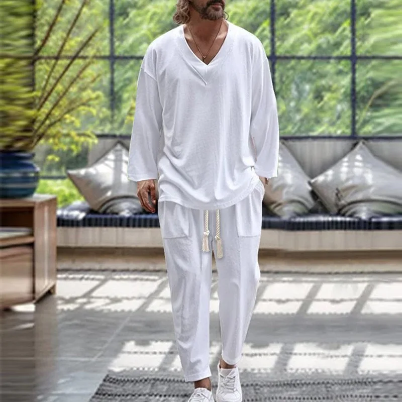 2024 Spring Fall men\'s cotton and linen shirt casual long sleeve pants suit V-neck solid color beach suit