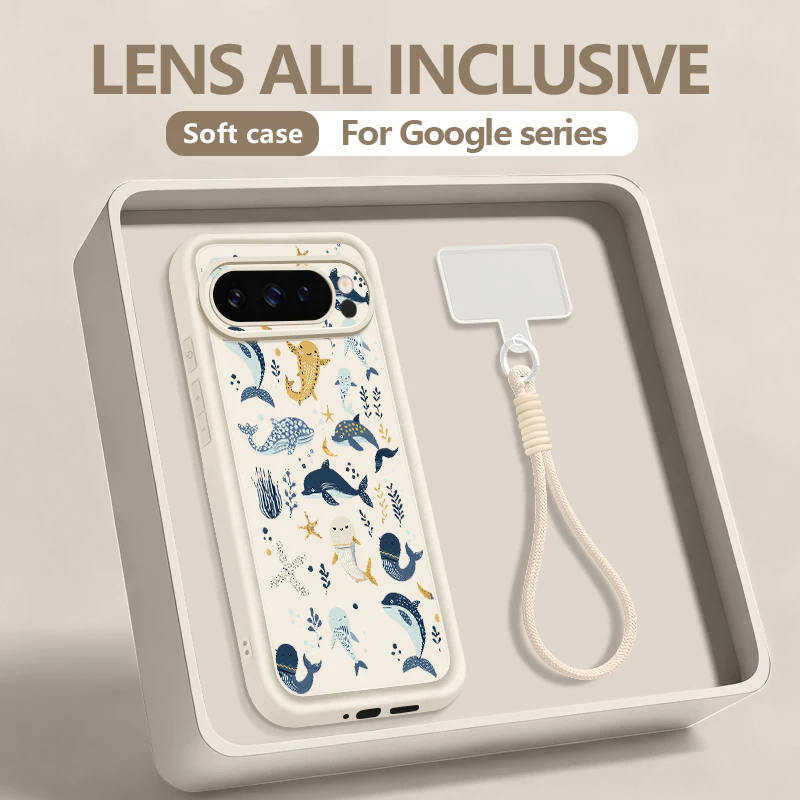 Shark Ocean Patterned TPU Phone Case For Google Pixel 10 9 Pro XL 10 9 8 Pro Pixel 8A 7A 8 7 Pro 9A Soft Silicone Lanyard Cover