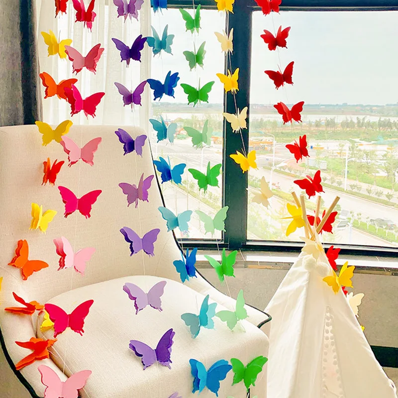 2M 3D Butterfly Paper Banner Garland Banner for Birthday Party Baby Shower Gradual Colorful Curtain Wedding Girl Home Decoration