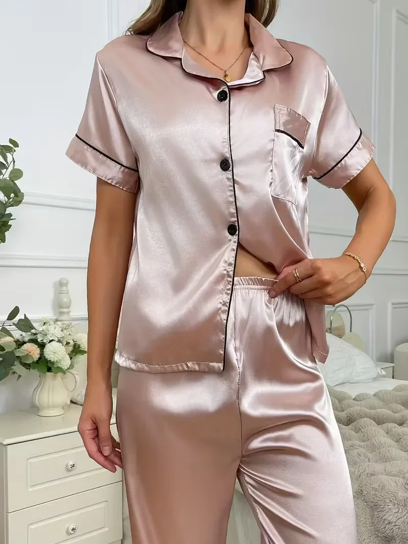 

Женский атласный пижамный комплект, топ с короткими рукавами и длинные брюки, удобная повседневная домашняя одежда, осенне-зимняя одежда для сна