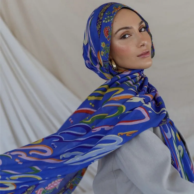 

Новый женский акварельный шарф-хиджаб, бандана, повязка на голову, винтажный роскошный пляжный платок длиной 180 см, богемные мусульманские аксессуары, 2025 г.