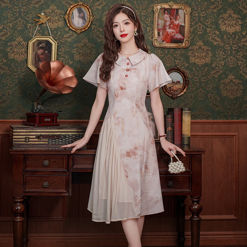 Neue chinesische Sle Kragen gedruckt A-Linie Dr Frauen Sommer 2024 hohe Taille Plissee Kleid Ele Dame Rock