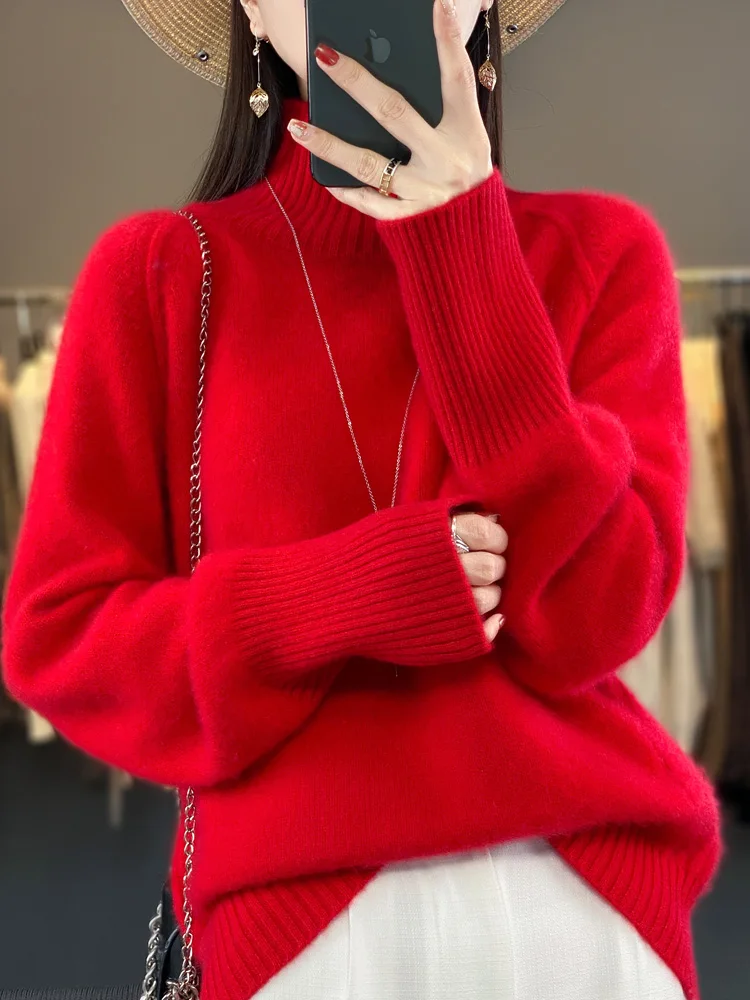 Autumn Winter Women's Turtleneck Sweater Pullovers 100% Merino Wool Knitted Raglan Sleeve Cashmere Korean Popular Clothes Tops
