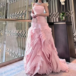 Elegant Party Dresses Woman 2024 Boat Neck Sleeveless Pleats Solid Color Zipper Back Floor Length Candy Color Wedding Party Gown