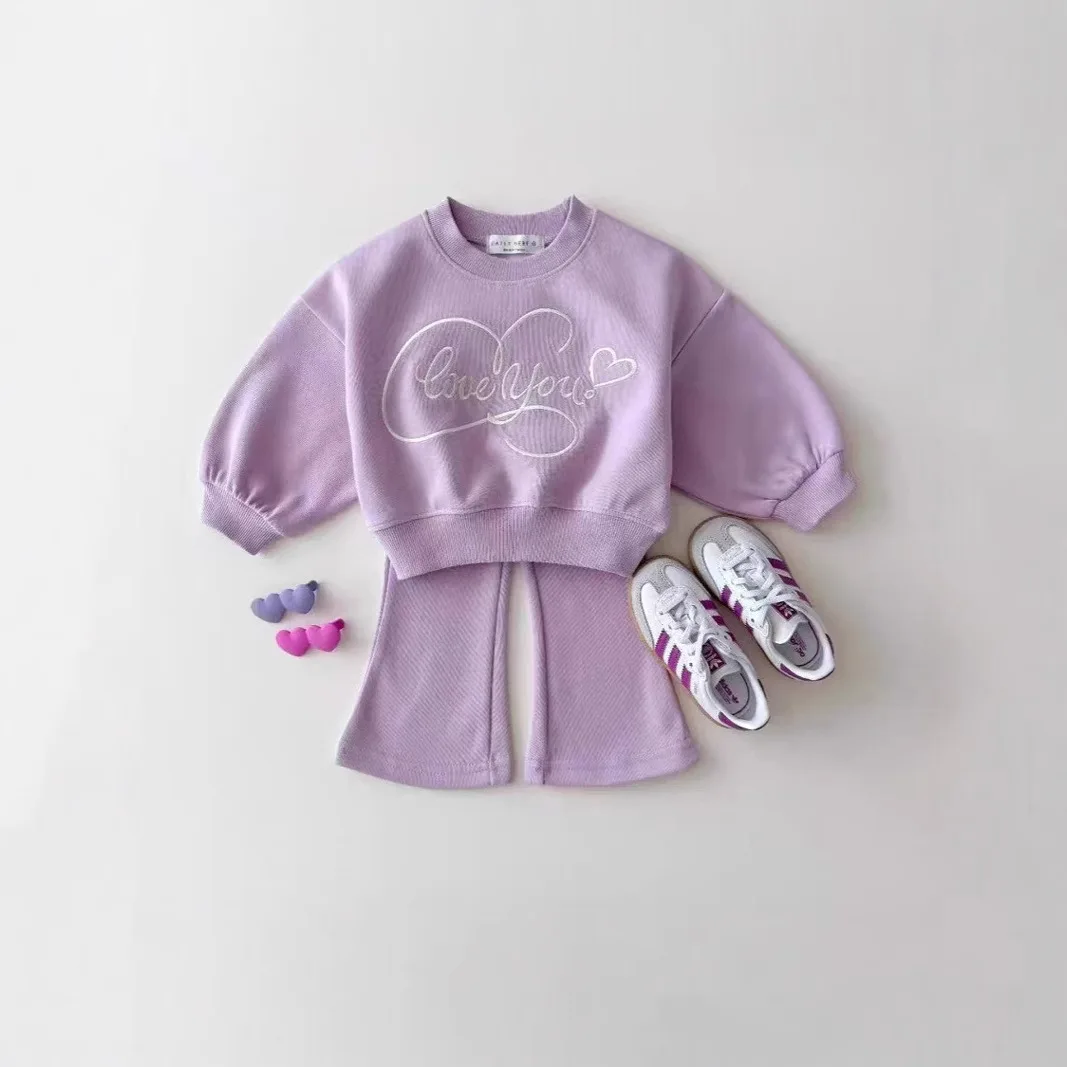 

2025 Autumn New Children Long Sleeve Clothes Set Girls Letter Embroidery Sweatshirt + Flared Pants 2pcs Suit Kids Casual Set