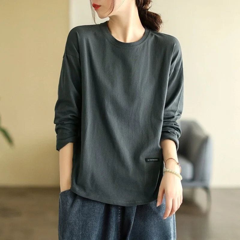 

Retro Artistic Color Early Autumn Base irt Women's New round Ne Versatile Long Sve T-irt Ladies' Top