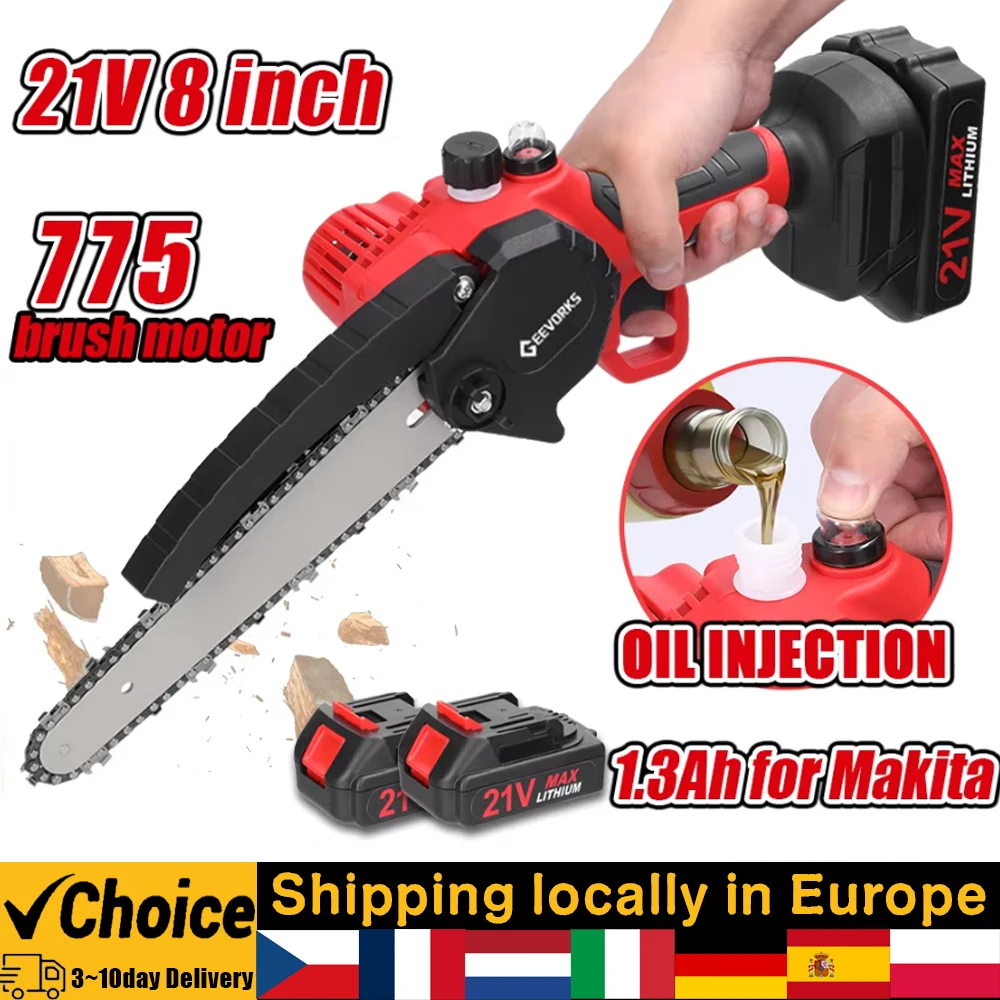 8 Inch Cordless Chain Saw 21v Portable Electric Pruning Saw Woodworking Gardening Tools With Oil Pan System Power Tools