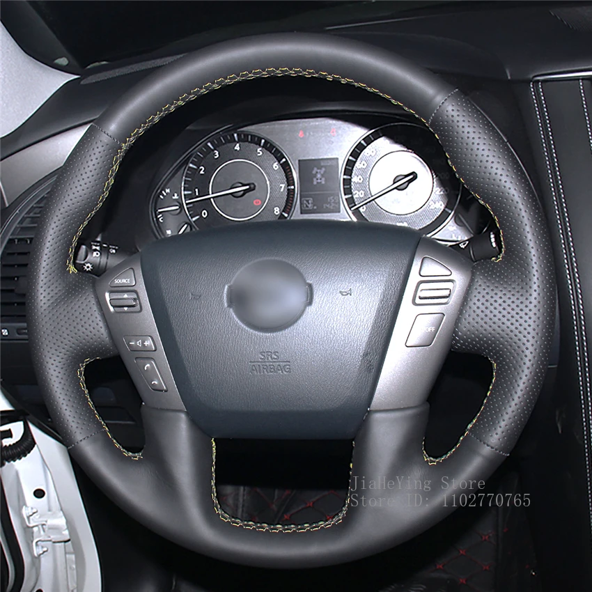 

DIY Hand-Stitched Non-slip Leather Steering Wheel Cover Wrap for Nissan Patrol Armada 2013-2019 NV Cargo NV Interior Accessories
