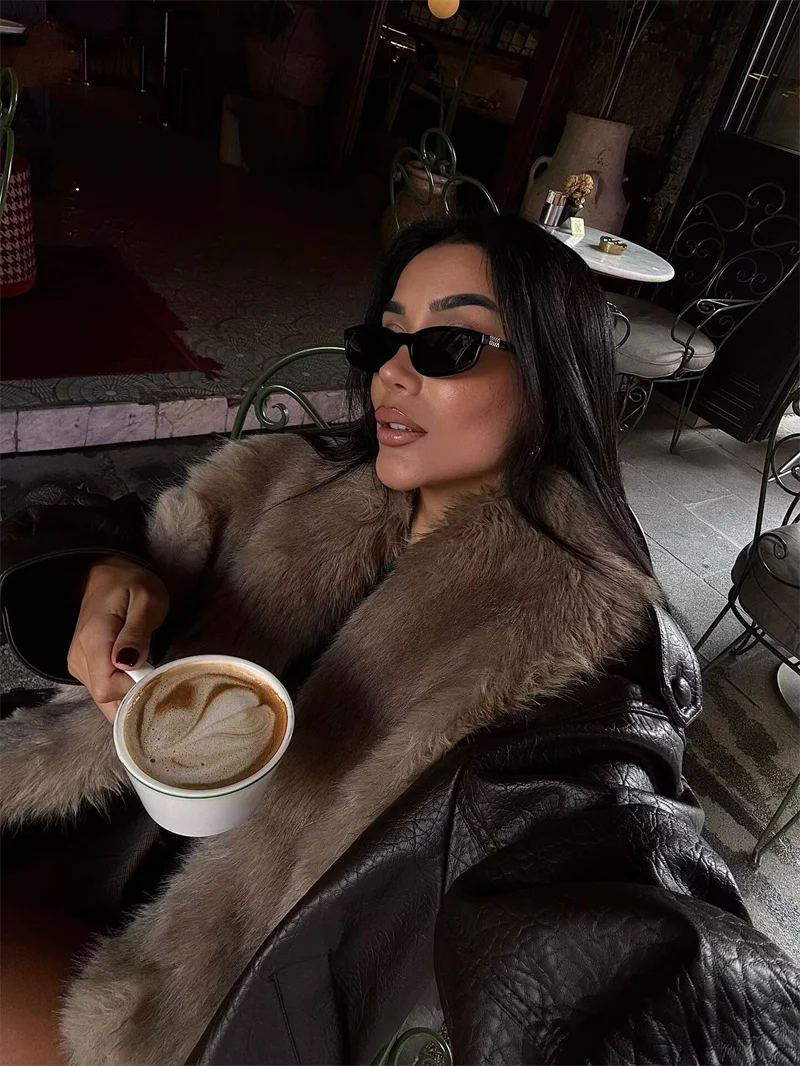 سترة نسائية 2025 خريف/شتاء نمط جديد بني داكن طويل الأكمام سترة جلدية فو مع ياقة كبيرة من الفرو موضة غير رسمية #3