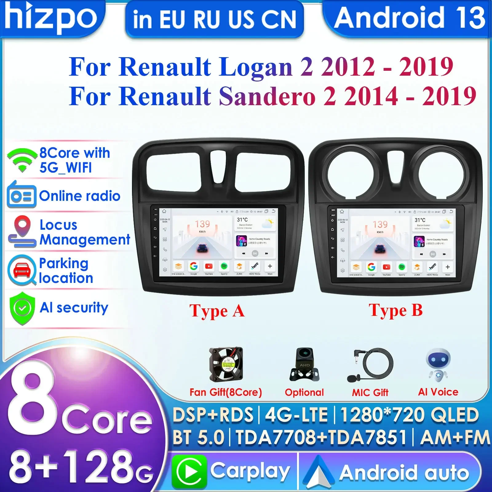 

Hizpo Carplay 4G Android 13 Car Radio for Renault Logan 2 2014 - 2019 Sandero 2 Multimedia Video Player GPS 2din Autoradio 7862