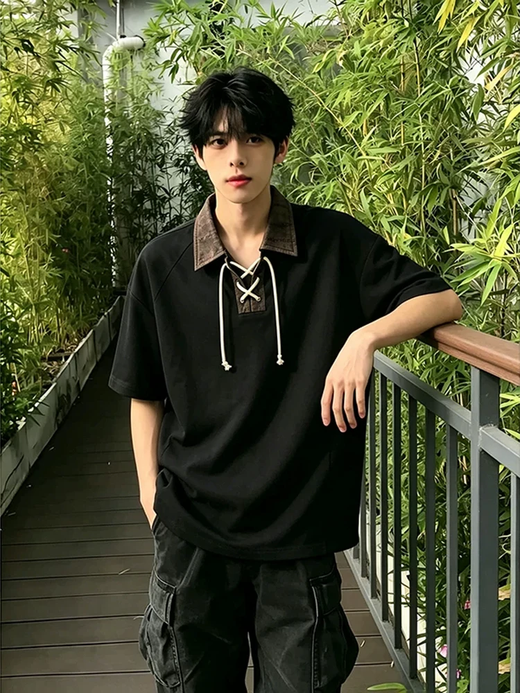 Retro American  Shirt Short Sleeve Men's Summer Unique Design Black T-shirt Fashionable Youth Popularity Straight Cut Loo...
