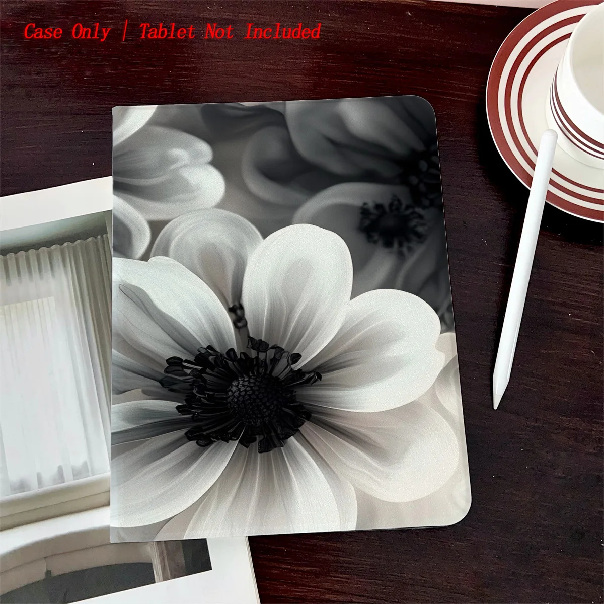 

Black Flower Printed iPad Case - Book Style with Pen Slot, Auto Sleep/Wake, Simple Fresh Design