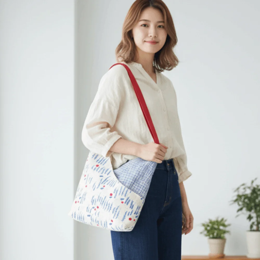 Large Capacity Canvas Tote Bag Magnetic Buckle Plaid Triangle Hobo Handbag Soft Material Red Strap Patchwork Crossbody Bag