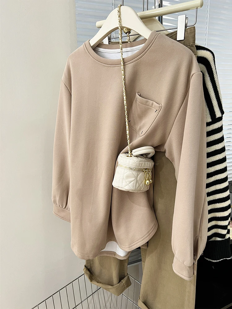 

Women Sweatshirt 2024 Autumn Winter New Long Sleeve O-Neck Loose Hoodies Pocket Design Fashion Versatile Tops