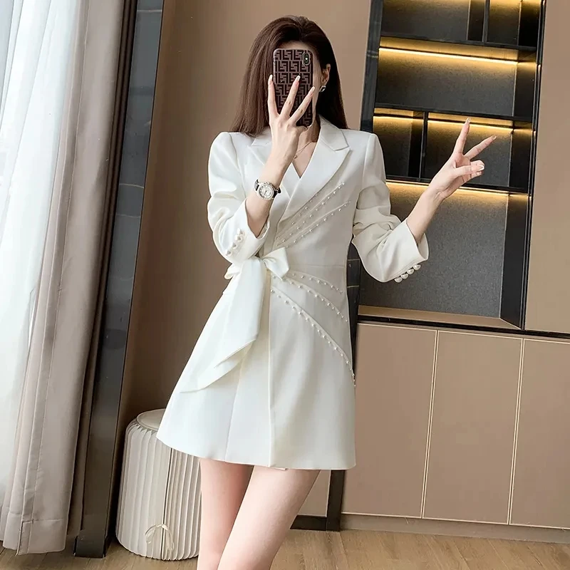 Spring Autumn New Long-Sleeved Beaded Bow Suit Dress Women\'s White Ladies Mid-Length