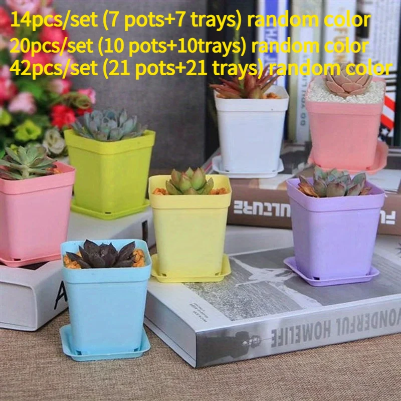 Bulk Colorful Square Plastic Succulent Planter Set 14/20/42PCS, Complete with Water Catching Trays, Random Mixed Candy Colors De