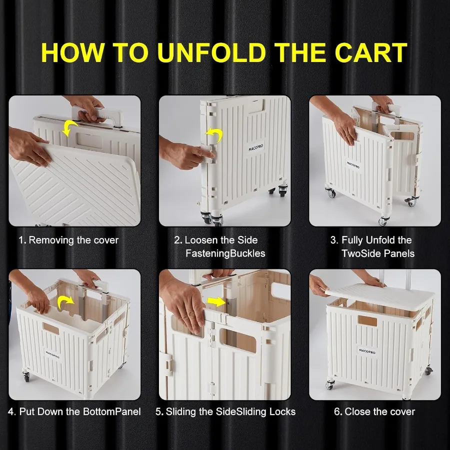 Foldable Utility Cart with Durable Heavy Duty Plastic Telescoping Handle and 4 Rotating Wheels for Portable Travel Shopping Lug